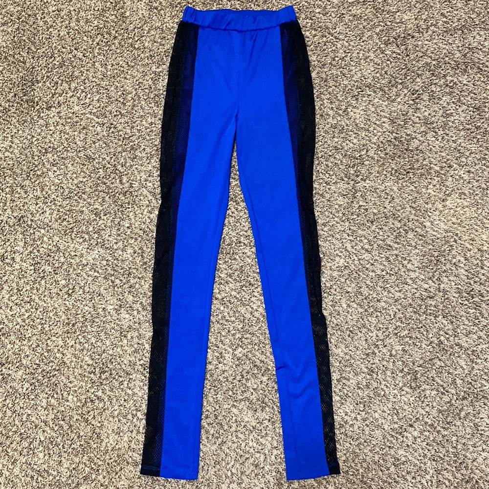 Blue Leggings with Black Mesh Cutouts